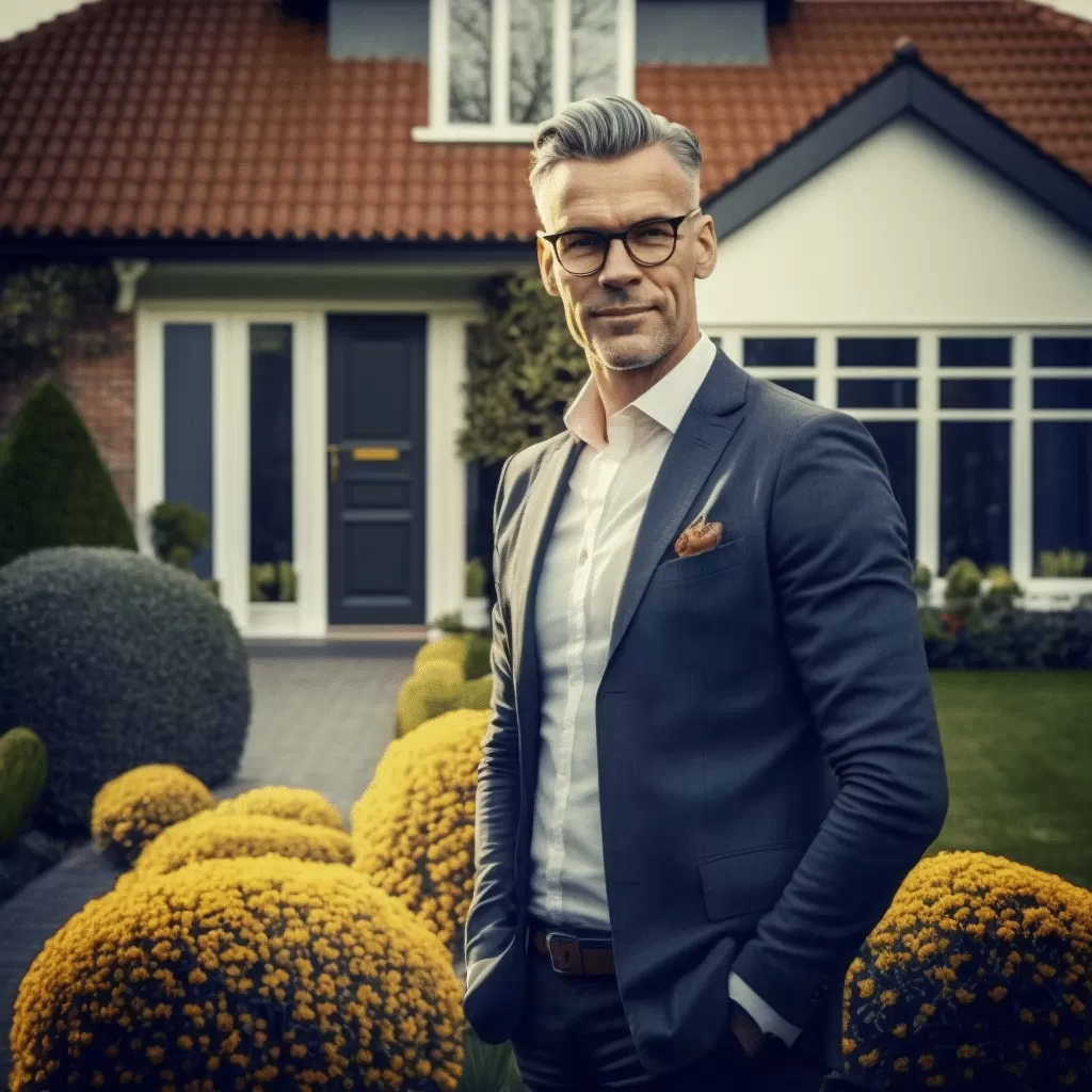 Agent immobilier devant maison à vendre